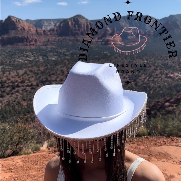 White Rhinestone Fringe Cowboy / Cowgirl hat Diamond Fringe festival - Picture 2 of 5